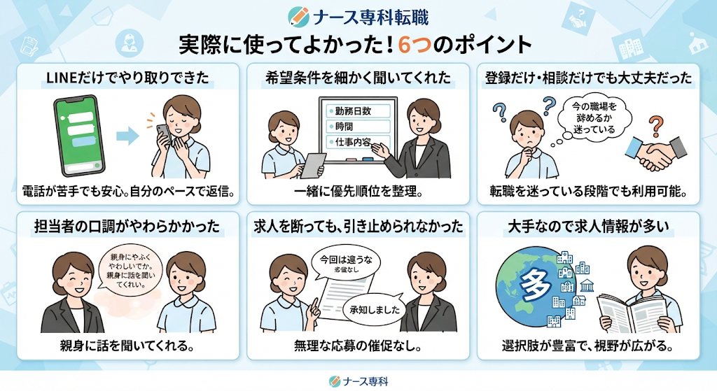 図解:ナース専科転職を実際に使ってよかった6つの点。LINEだけでやり取りできた、希望条件を細かく聞いてくれた、断っても引き止められなかったなど