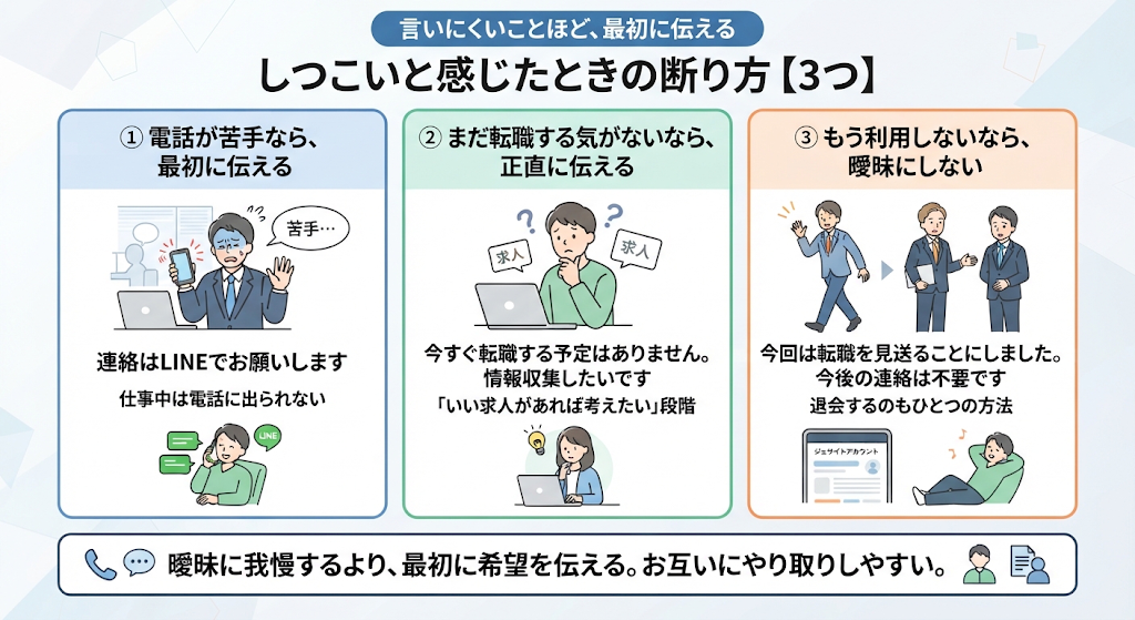 図解:しつこいと感じたときの断り方3つ。電話が苦手なら最初に伝える/まだ転職する気がないなら正直に伝える/もう利用しないなら曖昧にしない