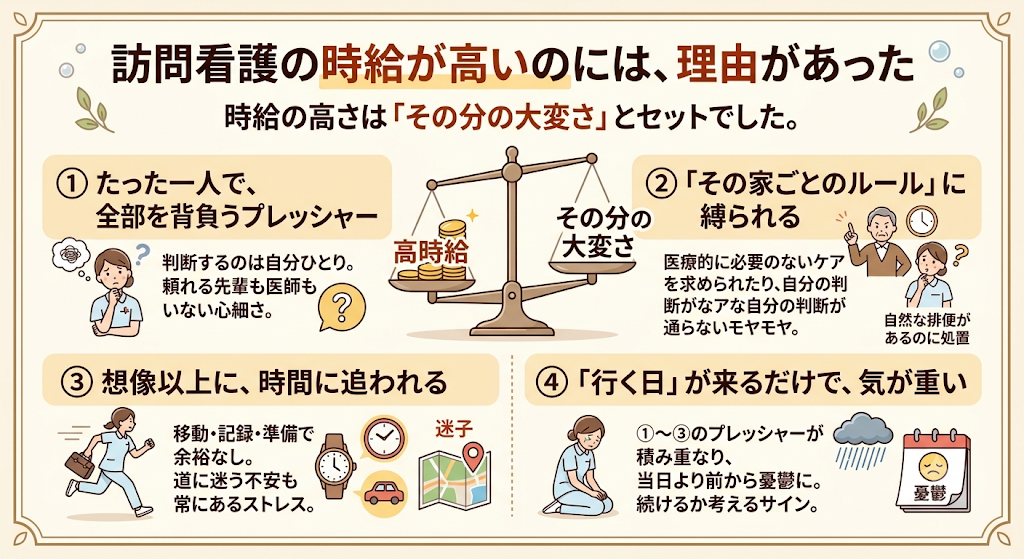 訪問看護の時給が高い理由と、一人での判断・家ごとのルール・時間に追われる・行く日が憂鬱という4つのしんどさをまとめた図