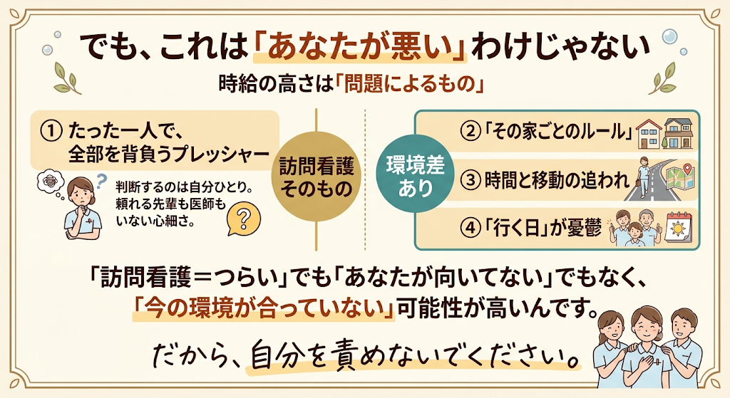 訪問看護がつらいのは仕事そのものより今の環境が合っていないからで、自分を責めなくていいと伝える図