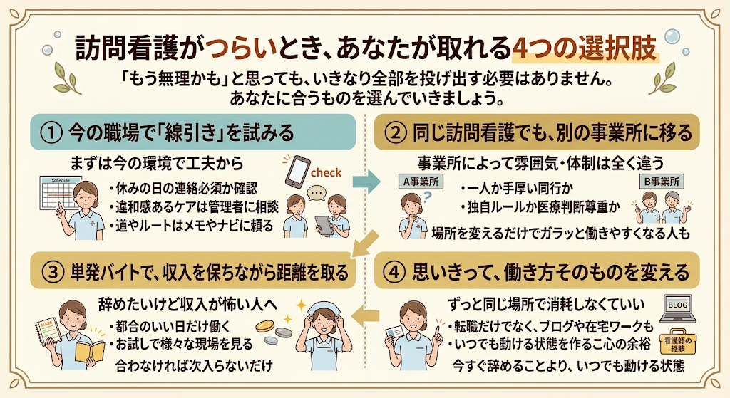 訪問看護がつらいときに取れる4つの選択肢（今の職場で線引き・別の事業所に移る・単発バイトで距離を取る・働き方を変える）をまとめた図