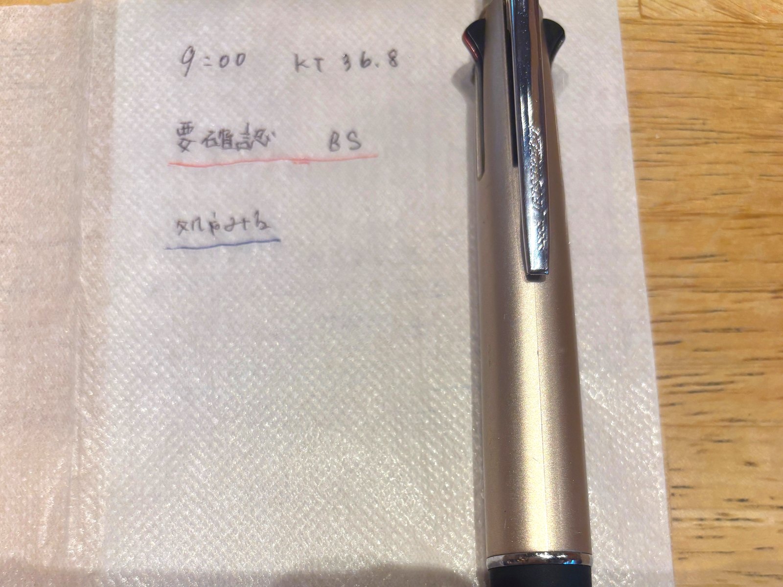 ジェットストリーム多色ボールペンと、黒赤青で書き分けた看護師の申し送りメモ