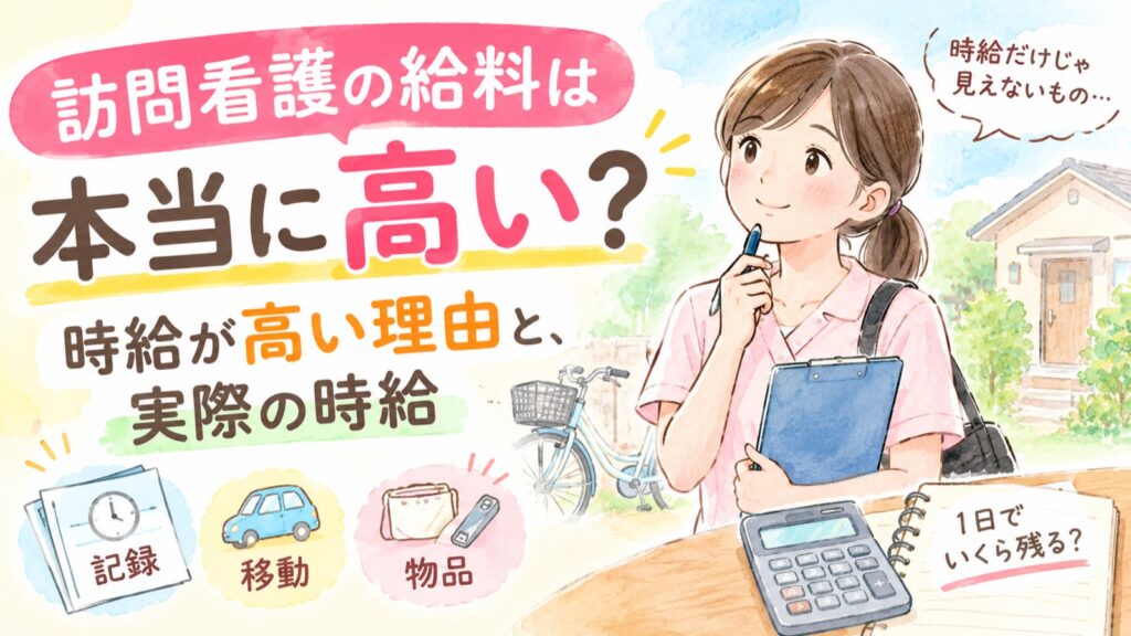 訪問看護の給料は本当に高いのかを考える看護師のイラスト。記録・移動・物品のコストと電卓