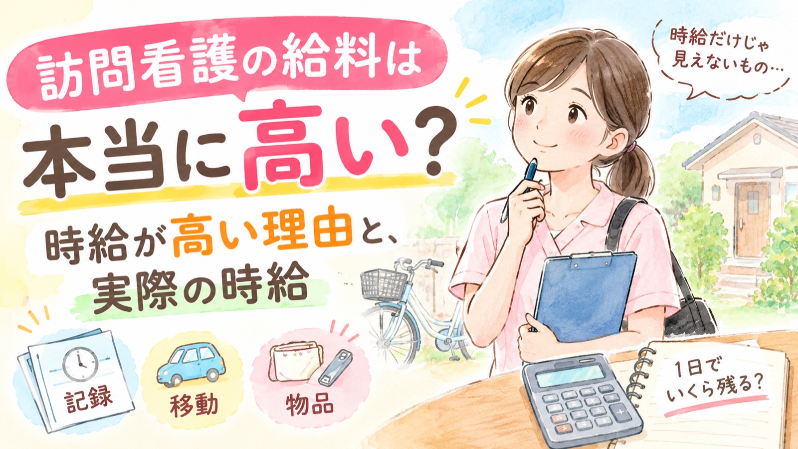 訪問看護の給料は本当に高いのかを考える看護師のイラスト。記録・移動・物品のコストと電卓