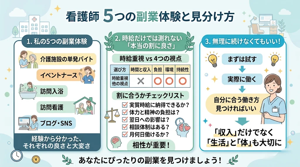 看護師の副業5つの体験と、割に合うかを見分けるチェックポイントのまとめ図