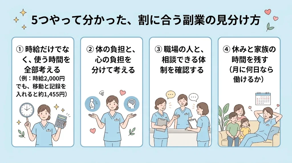 5つやって分かった、割に合う副業の見分け方の図解。時給だけでなく使う時間を全部考える、体と心の負担を分ける、相談できる体制を確認する、休みと家族の時間を残す