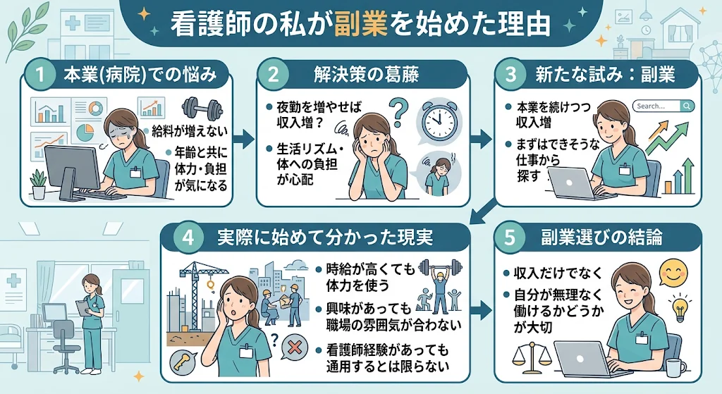 看護師の私が副業を始めた理由の図解。給料が増えない悩みから、副業を試して分かったことまで